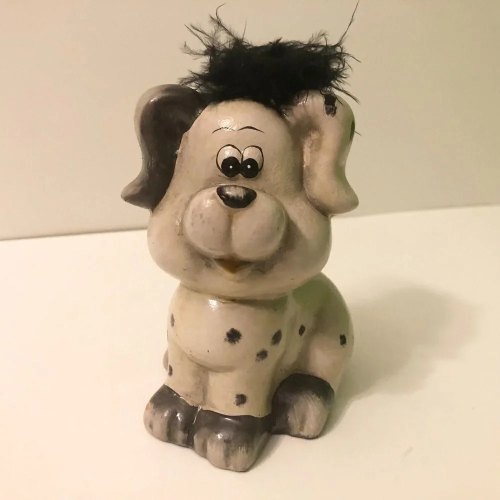 Vintage Dog Clay Figurine Grey With Black Hair Chipped